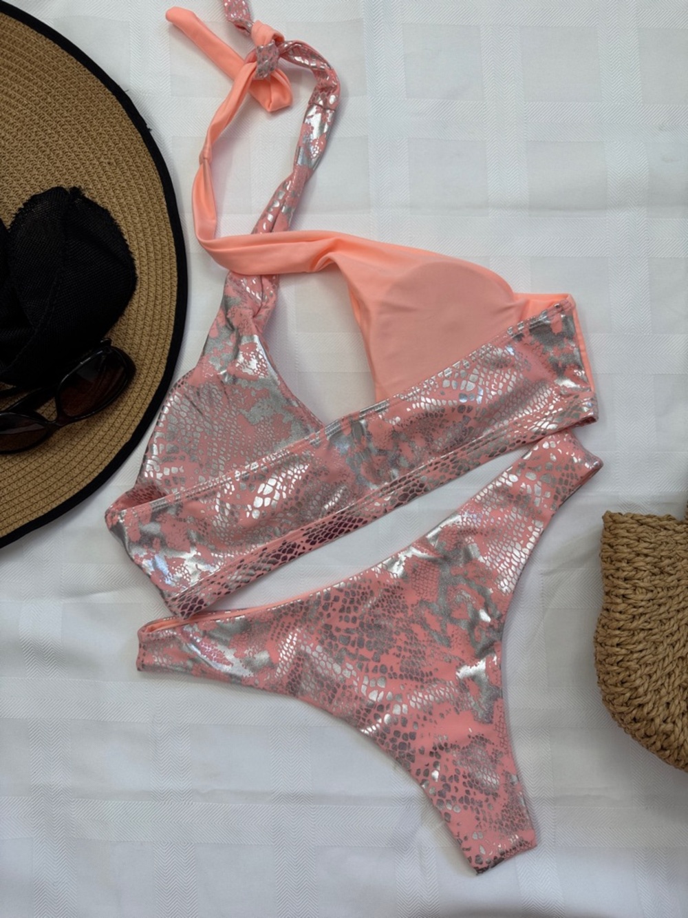 Set of 2 Coral Pink Silver Metallic Bikini Set/Cream Iridescent 1 Pc - Picture 9 of 16